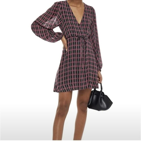 Ganni size EU 38 US 6 pink black Checked georgette mini wrap dress long sleeve - Picture 1 of 11